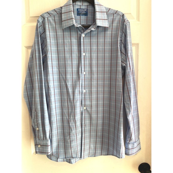 Haggar Slim Fit Dress Shirt Mens 15-15 1/2 34/35 Blue Red Plaid Check - Picture 1 of 7